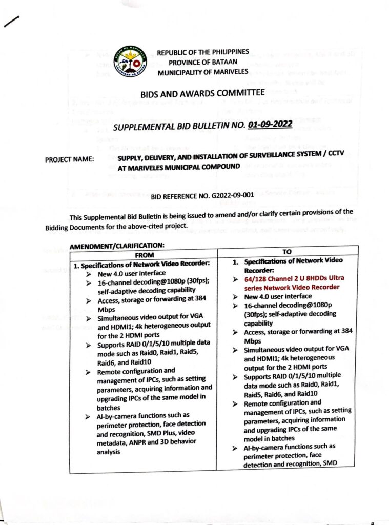 SUPPLEMENTAL BID BULLETIN FOR SUPPLY, DELIVERY, AND INSTALLATION OF SURVEILLANCE SYSTEM / CCTV AT MARIVELES MUNIICPAL COMPOUND