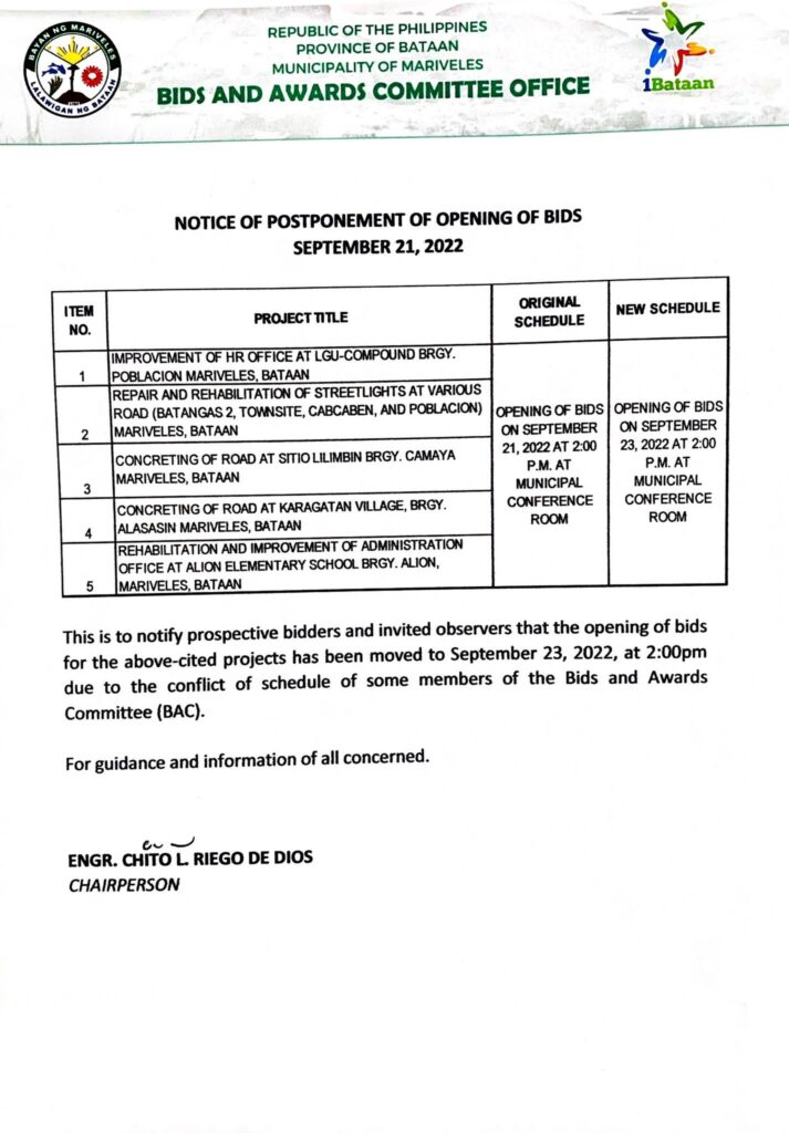 SUPPLEMENTAL BID BULLETIN FOR NOTICE OF POSTPONEMENT OF OPENING OF BIDS SEPTEMBER 21, 2022